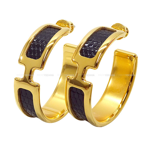 HERMES エルメス ピアス オランプ 黒 (ブラック) リザード ゴールド  