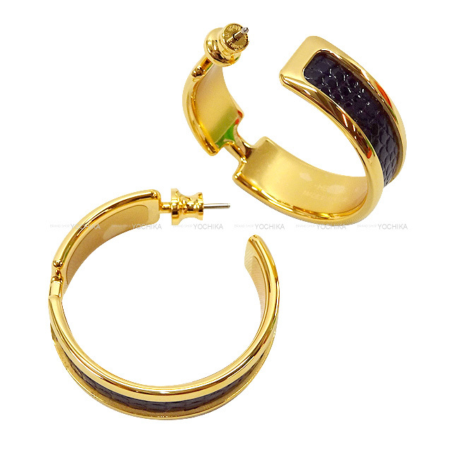 HERMES エルメス ピアス オランプ 黒 (ブラック) リザード ゴールド  