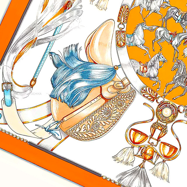 2022年春夏 HERMES エルメス スカーフ カレ90 騎馬行進 オレンジ/白  