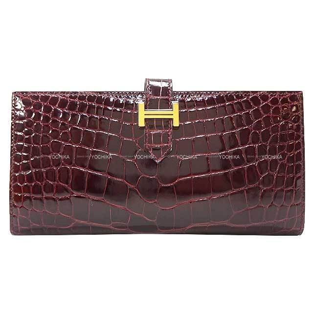 HERMES エルメス 長財布 ベアンスフレ ボルドー クロコダイル  