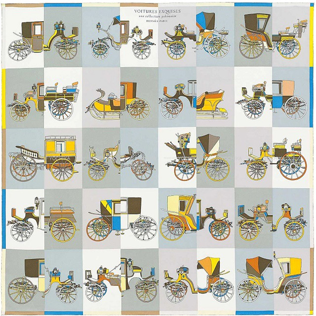 HERMES エルメス スカーフ カレ90 精巧な馬車 グリス/ジョーヌ/ブルー  