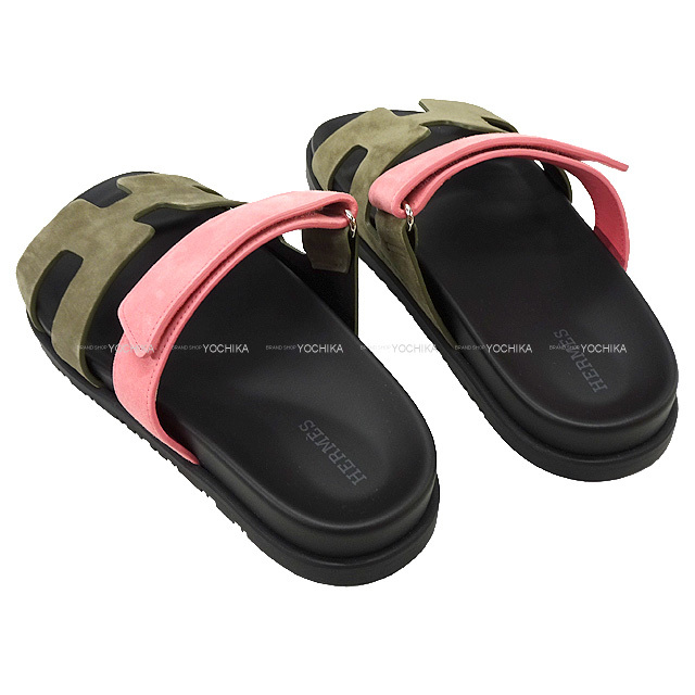 HERMES エルメス サンダル シプレ カーキ/ピンク/黒 (ブラック  