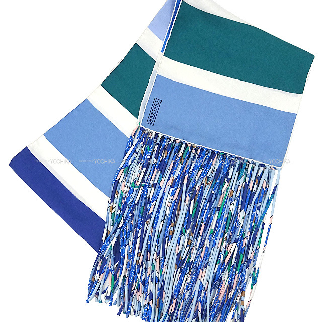 HERMES エルメス マフラー フリンジ シルク Palette ブルーデュール  