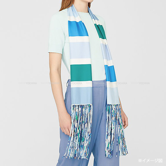HERMES エルメス マフラー フリンジ シルク Palette ブルーデュール  