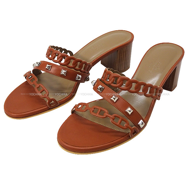 HERMES エルメス サンダル アジャッチオ #37.5 コニャック カーフ  