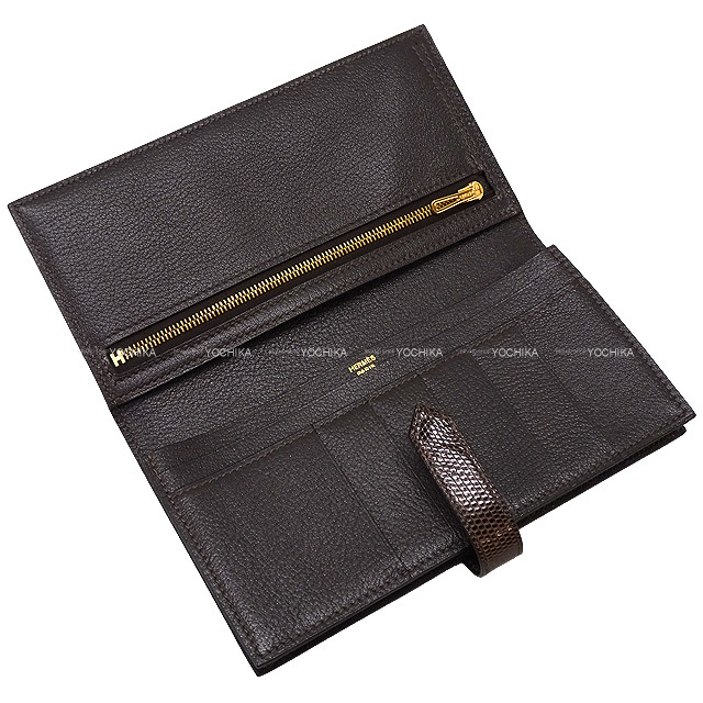 HERMES エルメス 長財布 ベアンスフレ ショコラ リザード ゴールド金具  
