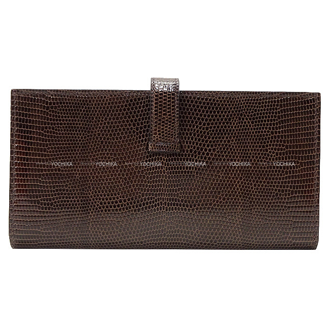 HERMES エルメス 長財布 ベアンスフレ ショコラ リザード ゴールド金具  