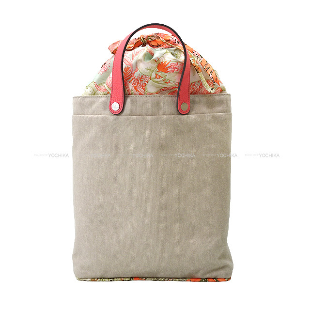 （美品）エルメス HERMES プティアッシュ サックドトワル トート ハンドバッグ トワルアッシュ キャンバス トリヨンクレマンス レザー シルク100％ Naturel ナチュラル ブルー シルバー金具 HERMES エルメス トートバッグ プティアッシュ 巾着型 サックドトワル