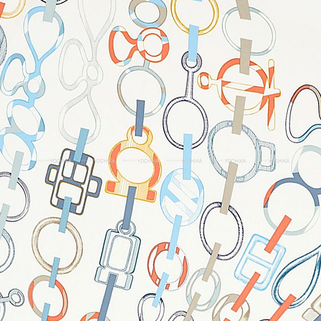 HERMES エルメス スカーフ カレ90 ドレブックル 白/ブルー/コーラル