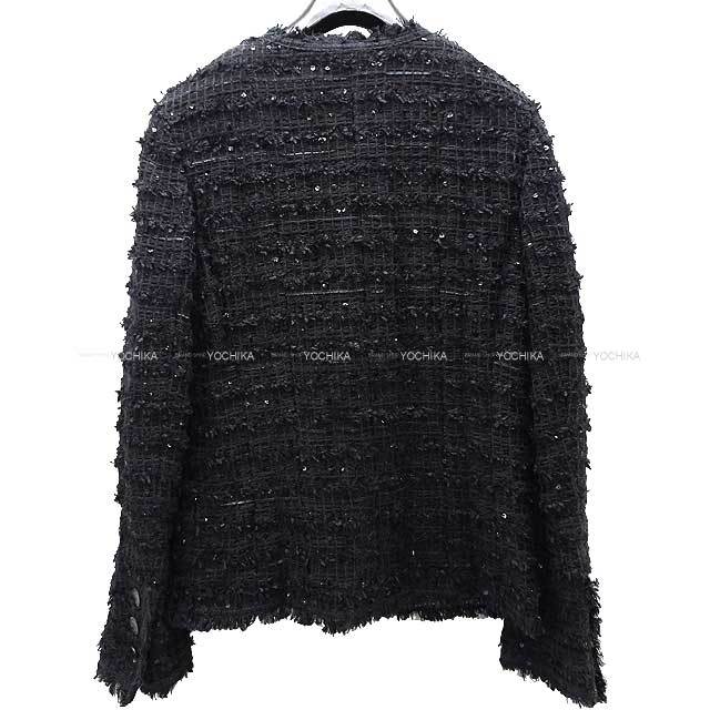 CHANEL シャネル ノーカラー ツイードジャケット スパンコール #36 黒  