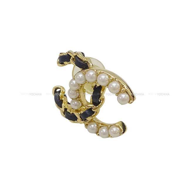 CHANEL シャネル イヤリング ココマーク レザー&パール チェーン 黒  