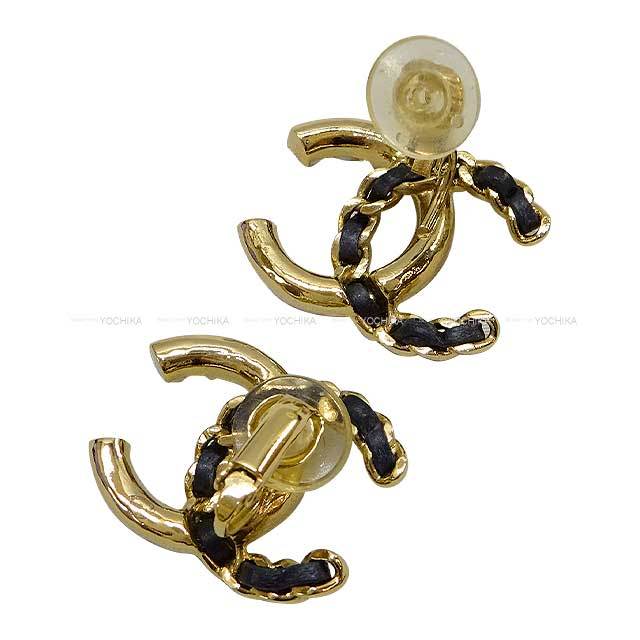 CHANEL シャネル イヤリング ココマーク レザー&パール チェーン 黒  