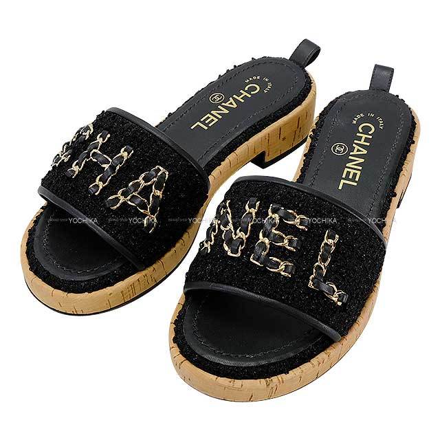CHANEL シャネル サンダル チェーン ロゴ ツイード #36 黒 (ブラック 