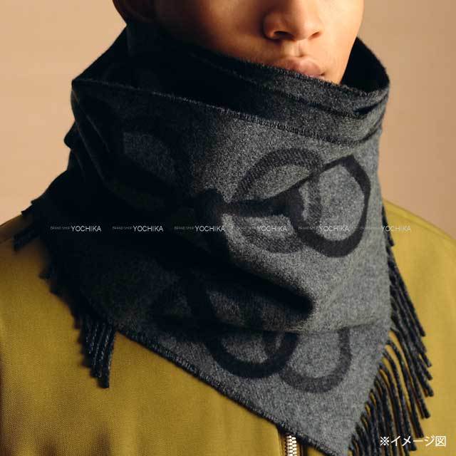 HERMES エルメス マフラー エニーモール フランネルグレー/黒 カシミヤ  