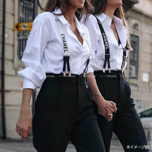 渋谷並木橋店】CHANEL シャネル サスペンダー ヴィンテージ ロゴ 白  
