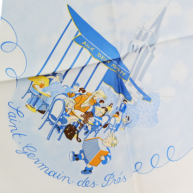 HERMES エルメス スカーフ カレ90 いたずら三つ子 白/ブルー