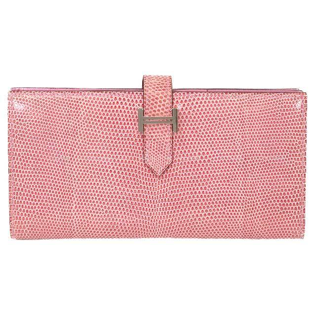 HERMES エルメス 長財布 ベアンスフレ ピンク リザード シルバー