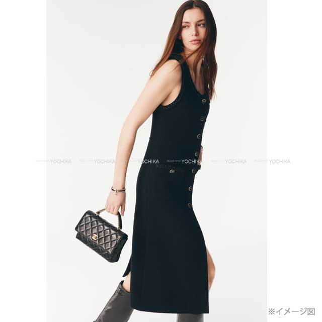 シャネル ワンピース 34 ブラック ココボタン　バイカラー　CHANEL 2025-26年秋冬 CHANEL シャネル ドレス ミディ ココボタン ツイード