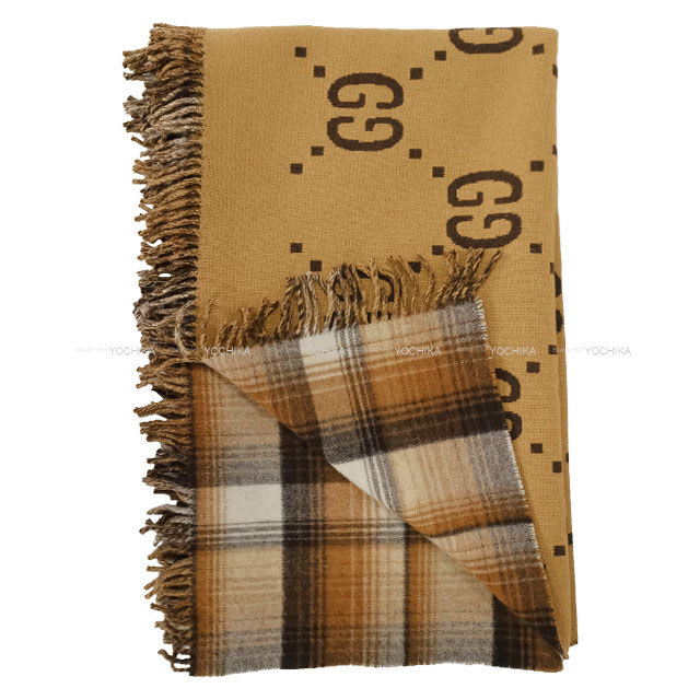 GUCCI 2020AW グッチ　メンズリバーシブルストール　チェック　ロゴ　茶 GUCCI 2020AW グッチ メンズリバーシブルストール チェック ロゴ 茶