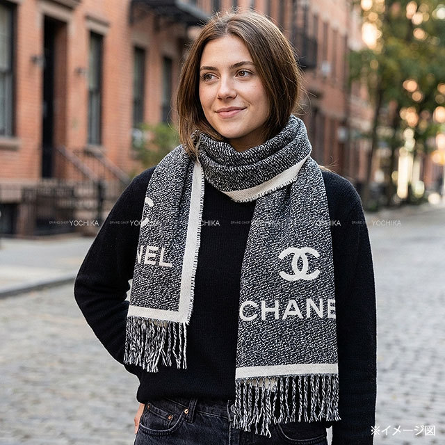 CHANEL シャネル マフラー ココマーク ロゴ フリンジ 黒 (ブラック)/白