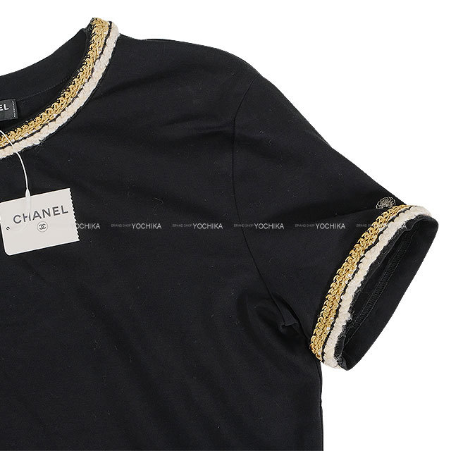CHANEL シャネル 半袖Tシャツ ロープ ボタン 黒 (ブラック)/ゴールド