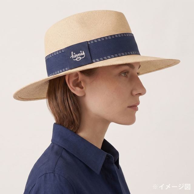 HERMES エルメス ストローハット トリニダード ロゴ 刺繍 リボン #58