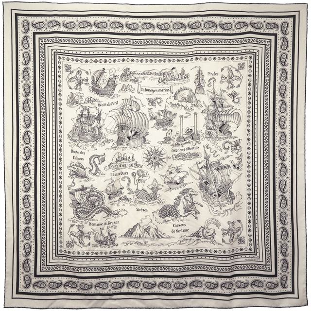 HERMES エルメス スカーフ カレ140 船乗りのタトゥー バンダナ 白