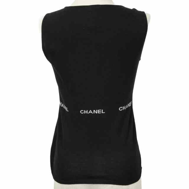 CHANEL ロゴリピート ノースリーブ タンクトップ 伸縮性 黒 34 XS 2024年春夏 CHANEL シャネル トップス ノースリーブ ロゴ 黒 (ブラック
