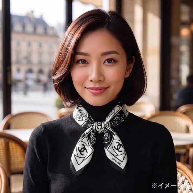 CHANEL シャネル スカーフ ココマーク カメリア 黒 (ブラック)/白