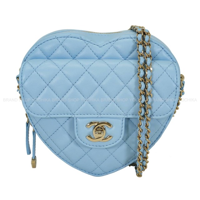 CHANEL シャネル ショルダーバッグ ハートシェイプ マトラッセ ラージ チェーン ライトブルー ラムスキン シャンパンゴールド金具 AS5764 準新品