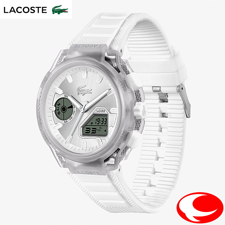 ラコステ LC33シリーズ 2011480  44mm メンズ レディース ユニセックス クオーツ 腕時計 クリアケース ホワイトウレタンベルト シルバー文字盤 アナログデジタル