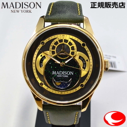 MADISON NEW YORK マディソン ニューヨーク 腕時計  イカロス　MA011011-4　時・分・秒、マルチカレンダー（月・日付・曜日）、ムーンフェイズ　 ダークグリーン カーフストラップ ストラップはダメージ加工が施されています。