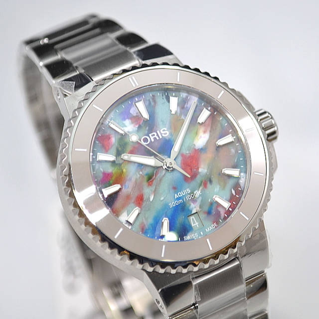 [オリス]ORIS AQUIS(アクイス) デイト アップサイクル  01 733 7770 4150-Set　国内正規品　36.5mm径　ユニセックス 自動巻き 　30気圧(300m) 防水 セラミック製逆回転防止ベゼル  【マイオリス登録でメーカー3年間保証】