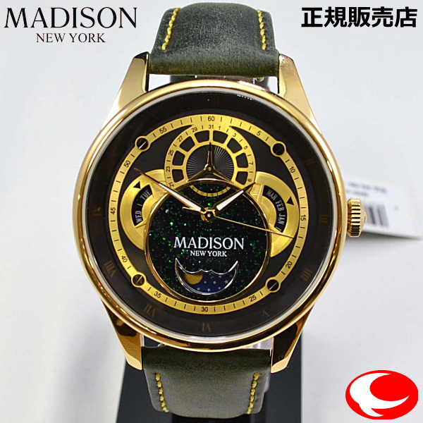 MADISON NEW YORK マディソン ニューヨーク 腕時計  イカロス　MA011011-4　時・分・秒、マルチカレンダー（月・日付・曜日）、ムーンフェイズ　 ダークグリーン カーフストラップ ストラップはダメージ加工が施されています。