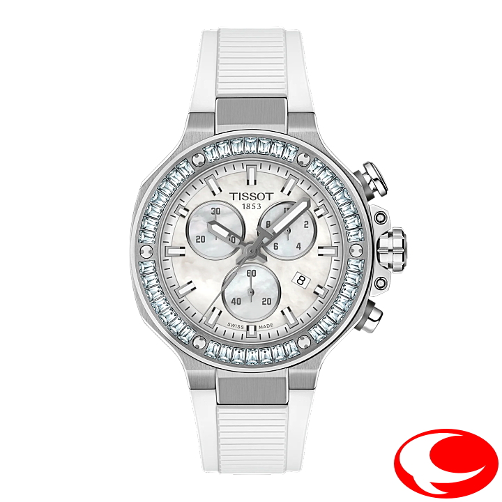 【TISSOT】ティソ Tレース クォーツ クロノグラフ 38mm T1418179711100 T141.817.97.111.00 スーパールミノバ  ホワイト マザー・オブ・パール文字盤 10気圧防水 セラミック・バゲットを配置したベゼル