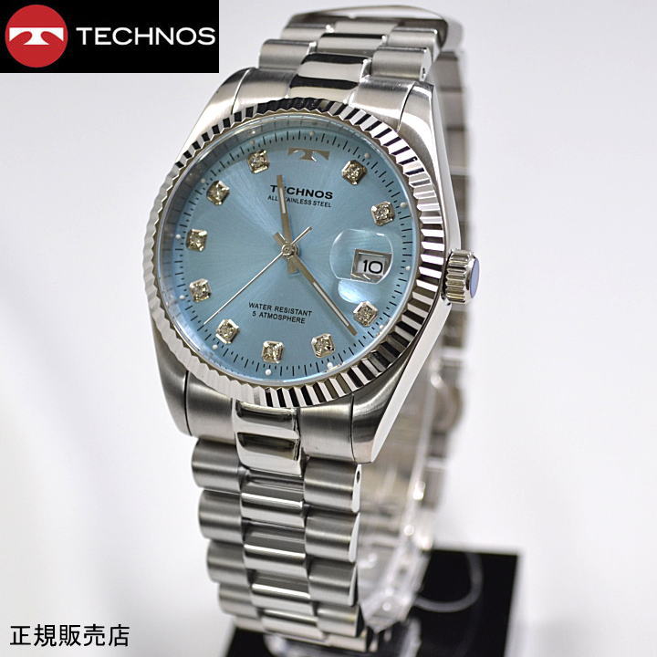 テクノス(TECHNOS) 腕時計　5気圧防水　T9604SI  アイスブルー文字盤 10ポイント クオーツ【贈り物】