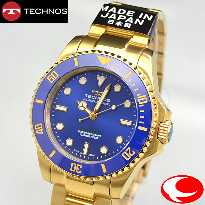 テクノス (TECHNOS) T9C31GN ブルー文字盤 セラミックベゼル ゴールドカラーケース/バンド  創業100周年記念限定モデル ダイバーズモデル  10気圧防水 クオーツ