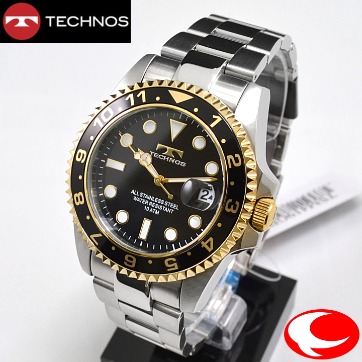 テクノス(TECHNOS) メンズ 腕時計 10気圧防水 TSM419GB ブラック/ゴールドカラーベゼル ブラック文字盤 ダイバーズタイプ