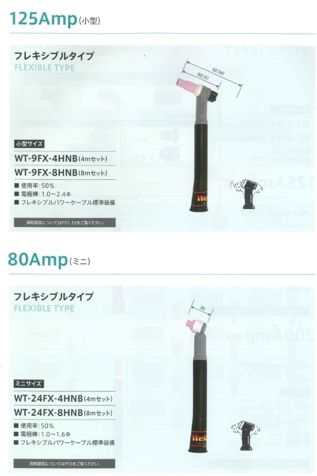 ウエルドテック フレキシブルTIG溶接トーチ 空冷8M WT-9FX-8HNB 125A