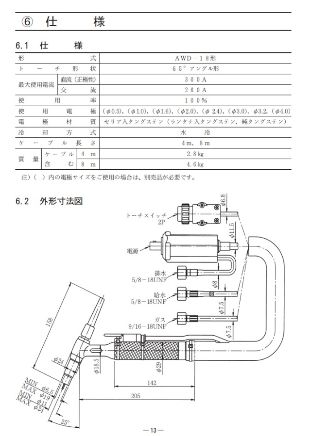 ダイヘン（DAIHEN） TIG溶接用トーチ AWD-18(300A、水冷、Dシリーズ 