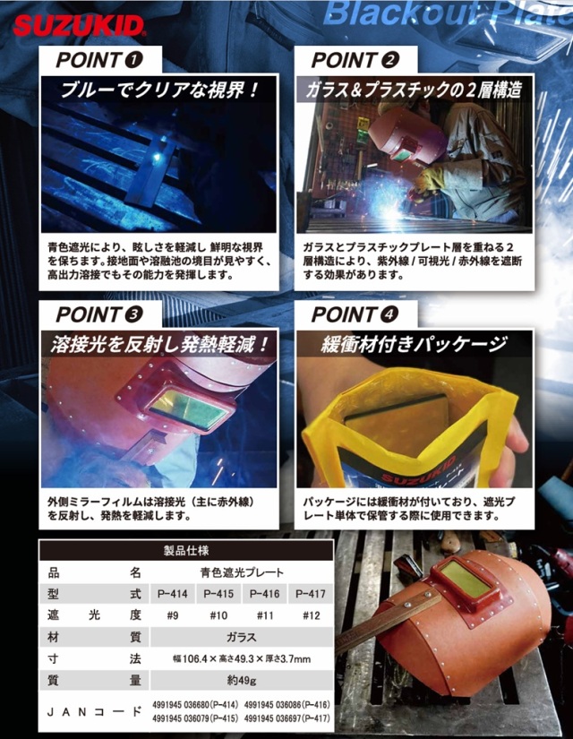 スズキッド 青色遮光プレート ガラス製 P-414(#9) P-415(#10) P-416