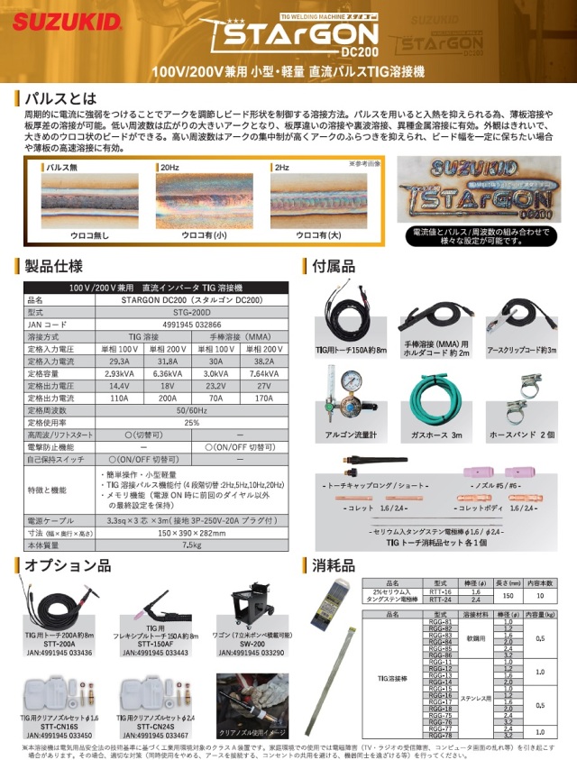 スター電器製造 (SUZUKID) 100V/200V兼用 直流パルスTIG