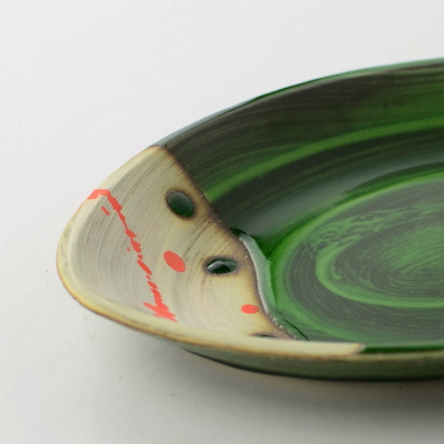 丸八窯_緑釉オーバルプレート