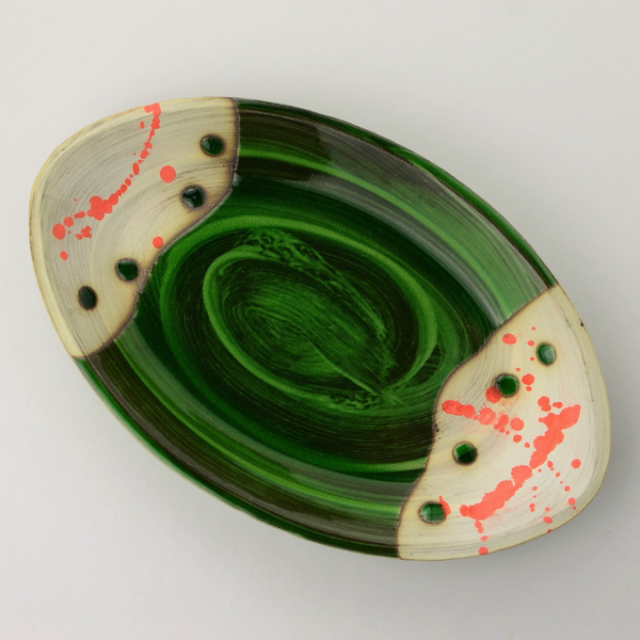 丸八窯_緑釉オーバルプレート