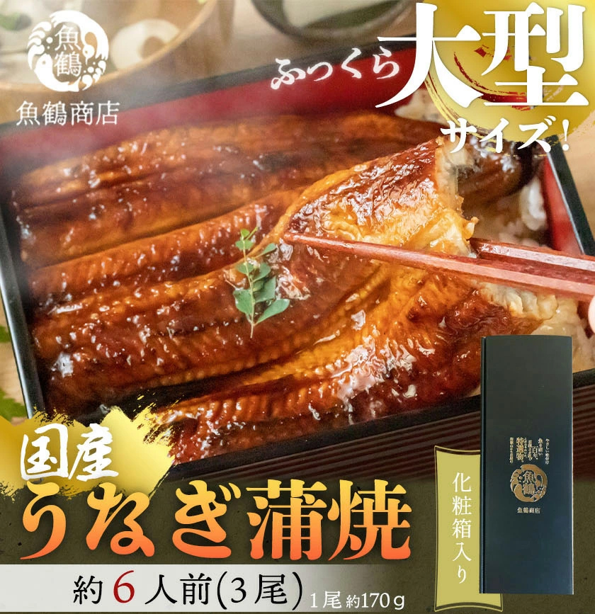 大型サイズ！ふっくら柔らか国産うなぎ蒲焼き３尾　化粧箱入【全国送料無料】　
