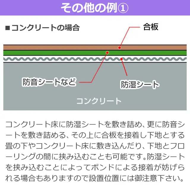その他の例1 コンクリート床や畳の下 下地とフローリングの間に敷き込んで湿気を遮断 設置位置に注意