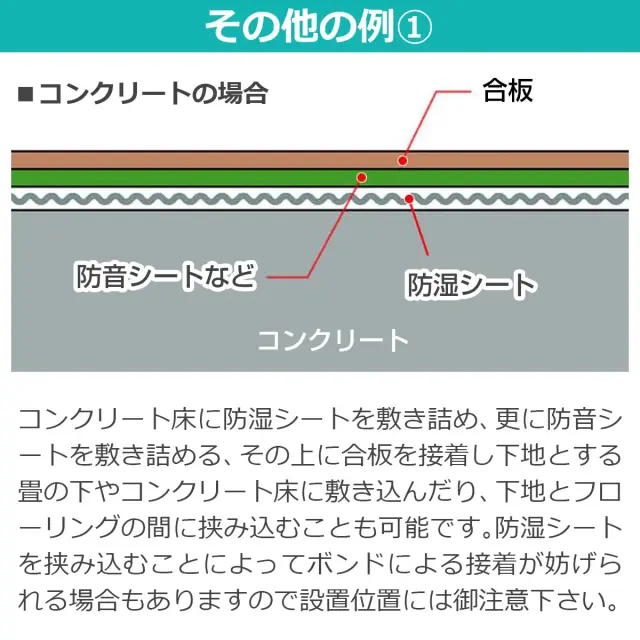 その他の例 コンクリート床や畳の下 下地とフローリングの間に敷き込み可能 ボンド接着の妨げにご注意下さい