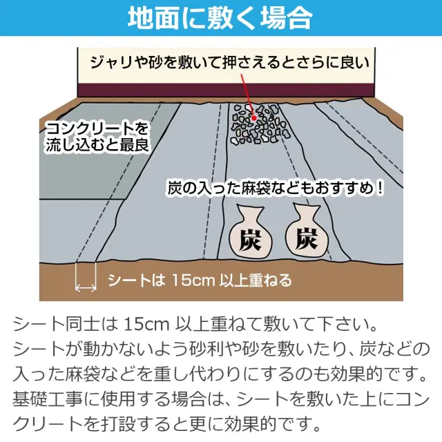地面に敷く場合 シート同士は15cm以上重ねて砂利や砂 炭の入った麻袋で押さえると効果的