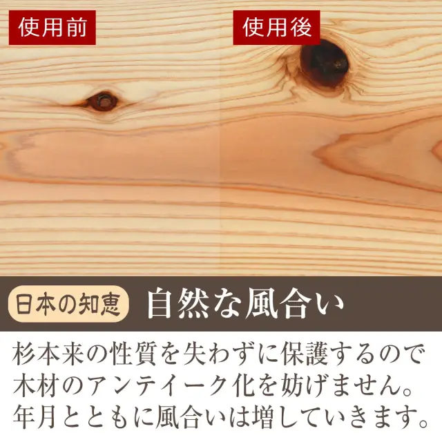日本の知恵 自然な風合い 杉本来の性質を失わずに保護し年月とともに風合いが増します