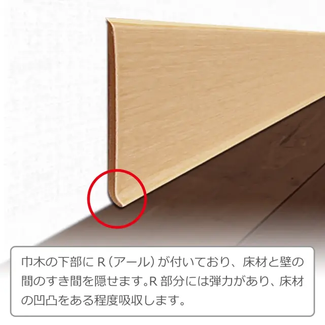 下部のRアールが床材と壁のすき間を隠す 弾力のあるR部分が床材の凹凸を吸収する巾木
